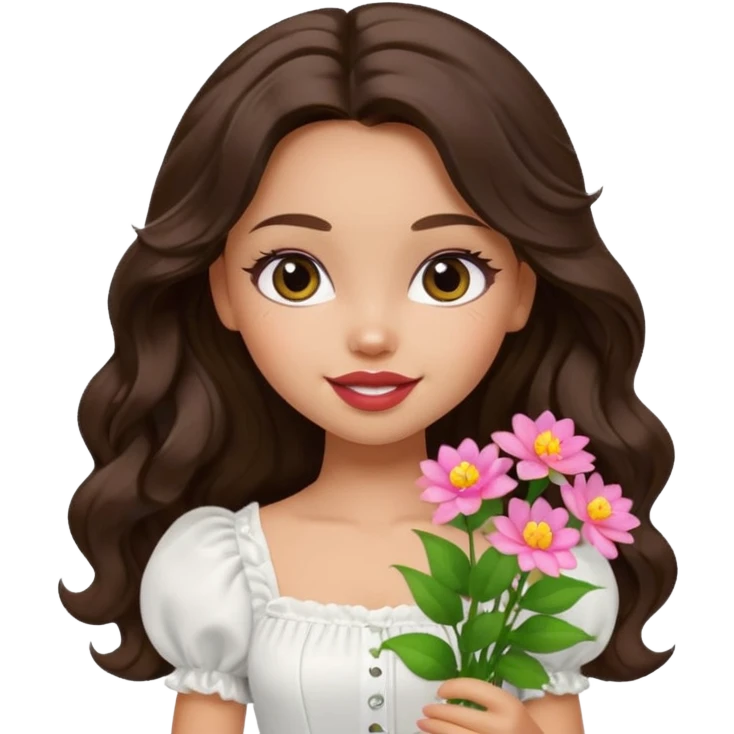 generate a pretty bratz girl with in a white puff sleeve top.  light lipgloss on . dark Brown wavy hair long. carrying flowers  emoji