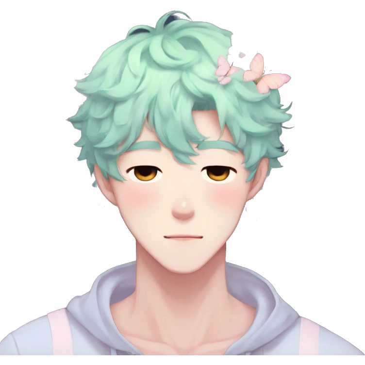 Gorgeous pastel anime style man with blushing face and butterflies aesthetic trending style emoji