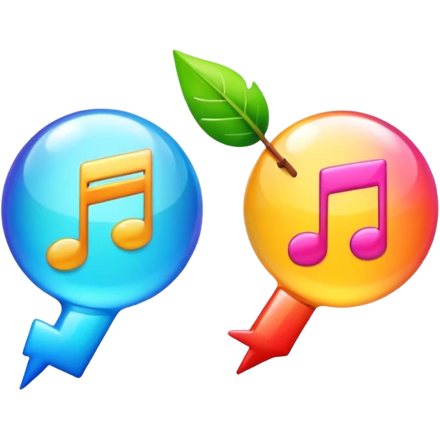Apple style emoji of two connected bubbles, one containing fast forward arrows symbol and the other containing a musical note, vibrant colors, modern and technological feel emoji