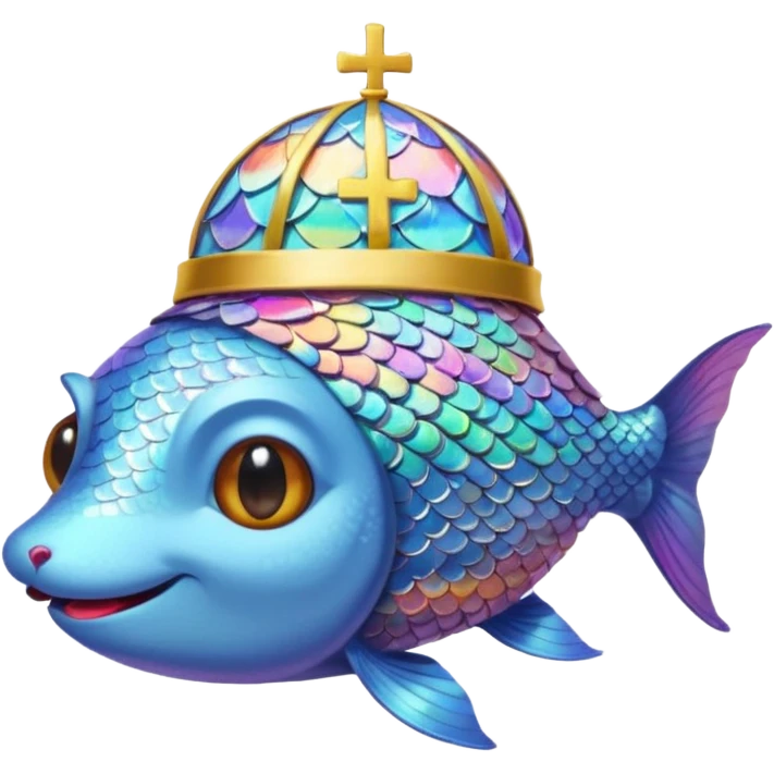 Rainbow fish with the pope-hat and a brown cat coming out of his mouth emoji