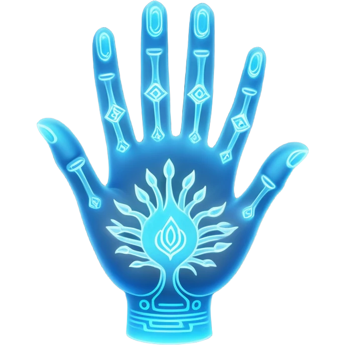 ethereal glowing hand with intricate palm lines and mystical symbols emoji