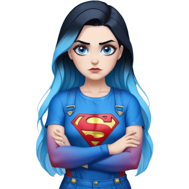 Female-Very tall-very very very large chest-really angry-arms crossed-very long straight flat black to sky blue hair ombre-blue eyes-black eyeliner-long eyelashes-iridescent superman tshort with glitter superman logo-overalls-lip pierced emoji