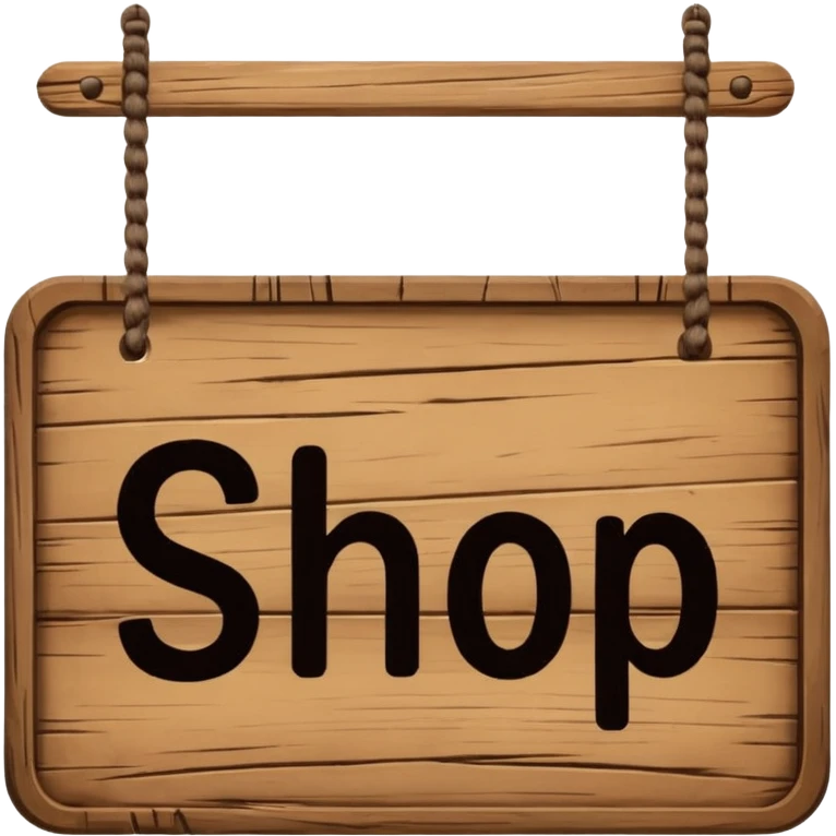 wooden shop sign hanging by two strings, emoji