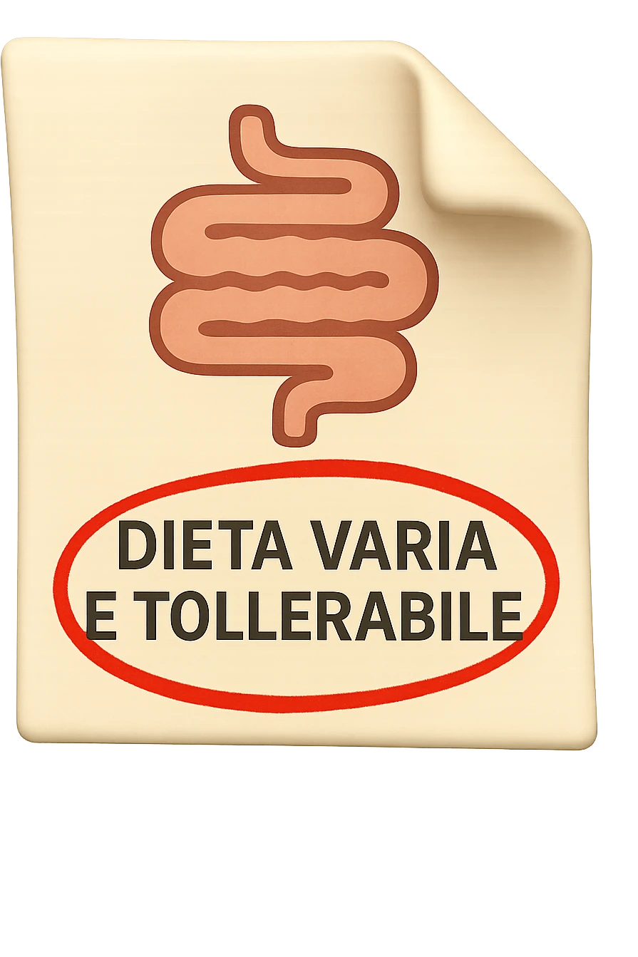 emoji stile iphone di un foglio con un INTESTINO disegnatO sopra e la scritta "DIETA VARIA E TOLLERABILE" CERCHIATA IN ROSSO, iperrealistico 4k, isolato su sfondo bianco emoji