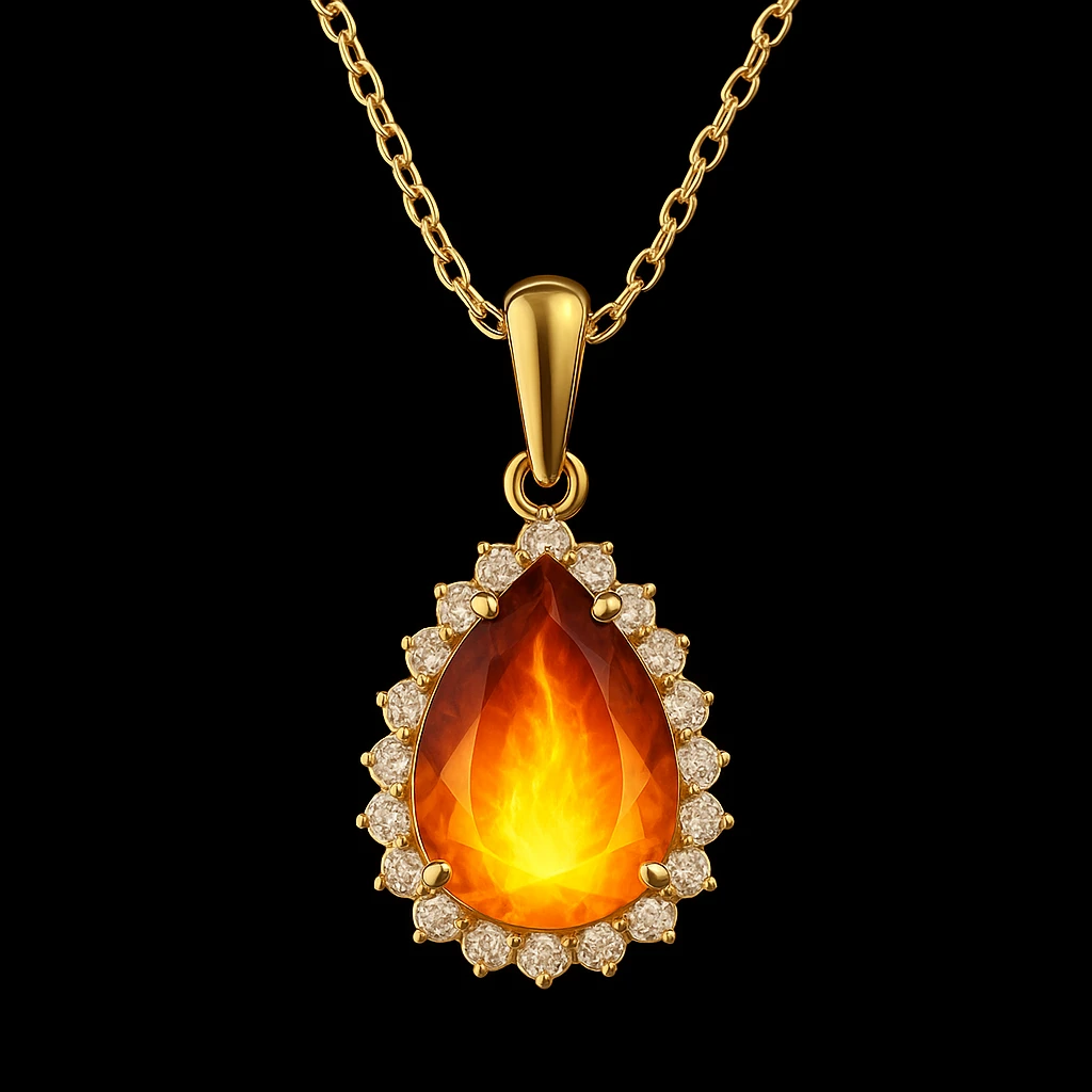 Add a yellow fiery light to the teardrop ruby pendant, representing transformation and rebirth emoji