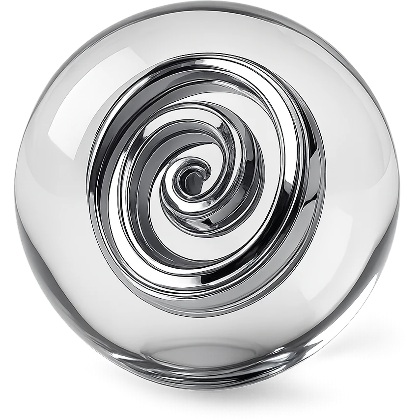 translucent glass-like sphere with a chrome spiral core, glowing softly, chrome style emoji