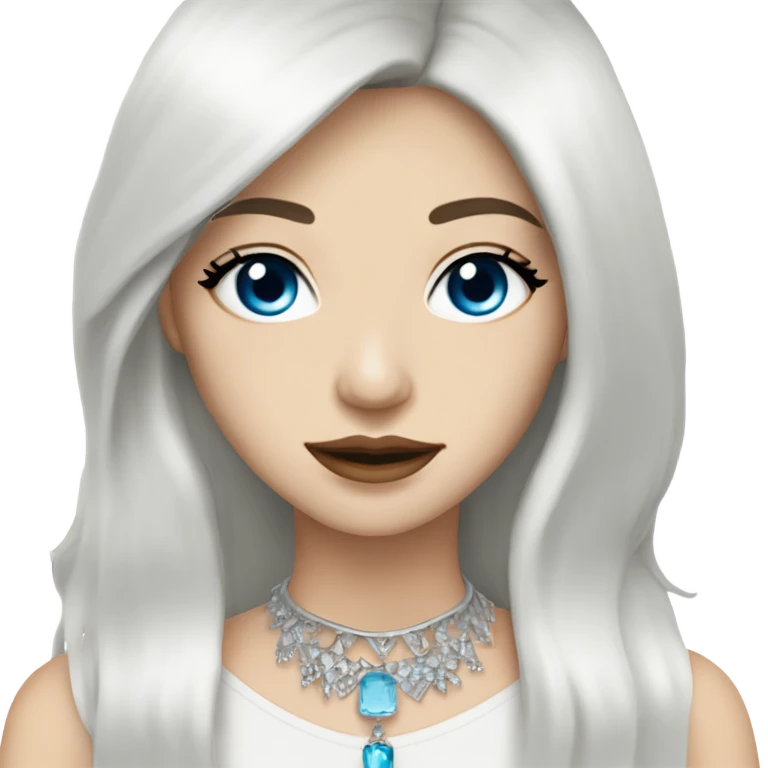 woman with pale skin, blue eyes and long dark hair with layers and fringe bangs, wearing a white top and silver jewellery emoji