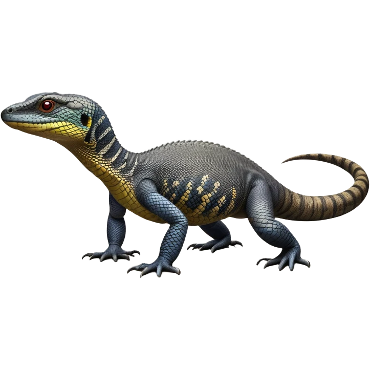 cinematic-monitor-lizard-realistic-full-body-standing on all fours-emoji,-long-powerful-tail-dragging-slightly-behind,-sleek-scaled-body-textured-with-rich-patterns and stripes,-head-tilted-dramatically,-dark-intense-eyes-observing-its-surroundings,-simplified-yet-realistic-focused-features,-highly-detailed,-glowing-with-an-almost-sarcastic-glow emoji