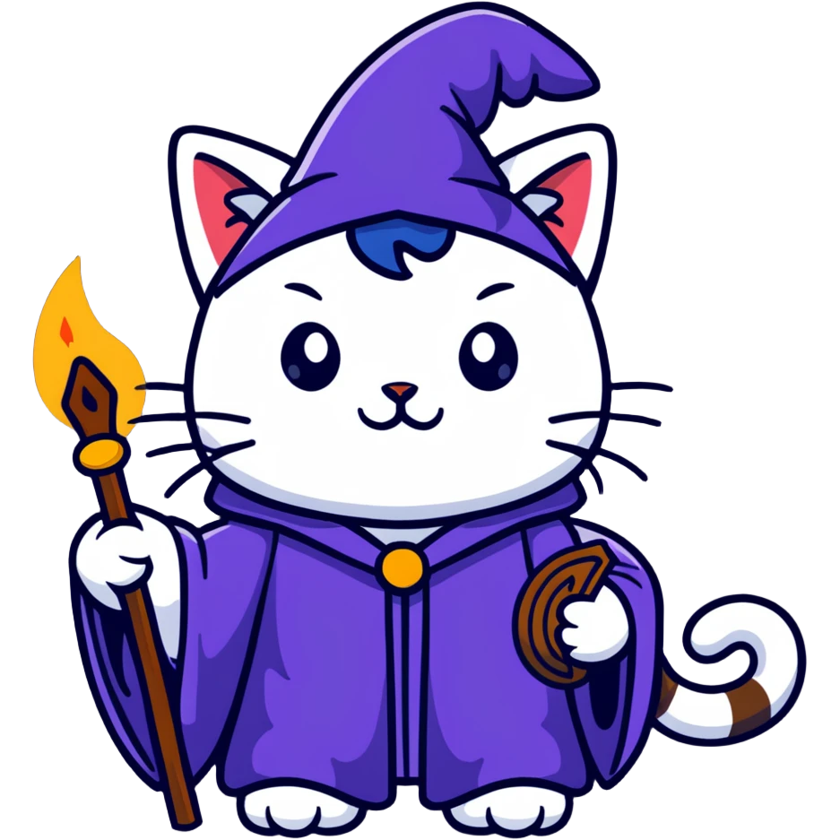 A cat wizard casting a spell with magical staff and flowing robes emoji