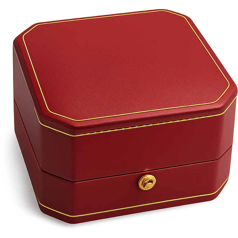 cartier red box, closed, gold trim, iconic shape, minimal, no text emoji