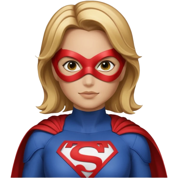 Mujer súper heroína tipo la de WhatsApp. Pelo marrón claro y mechas rubias por los hombros. Con antifaz y traje de héroe, que se vea solo hasta los hombros y logo MJ en el traje. Como la de WhatsApp  emoji
