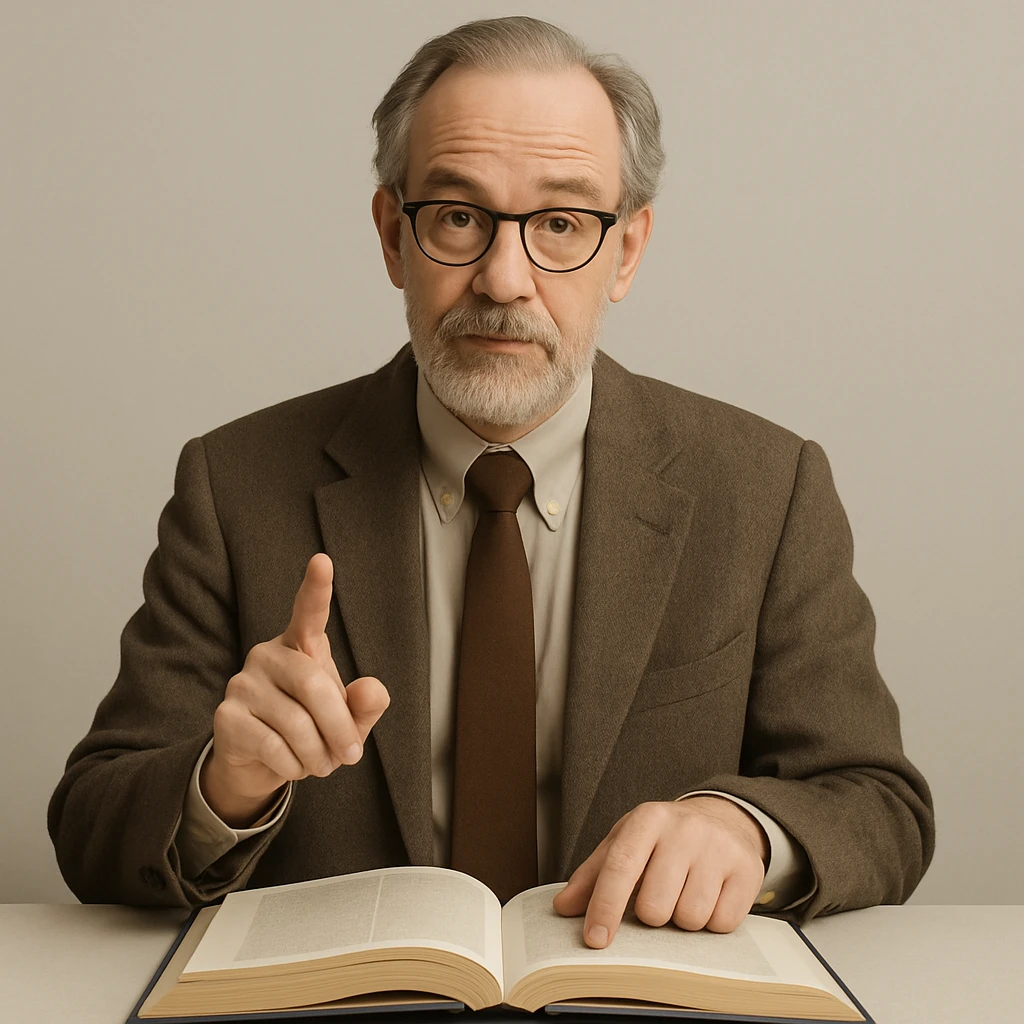 professor with glasses pointing at an open book, neutral background emoji