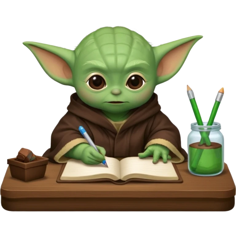 Baby Yoda con su tunica chocolate escribiendo en un cuaderno sobre un escritorio emoji