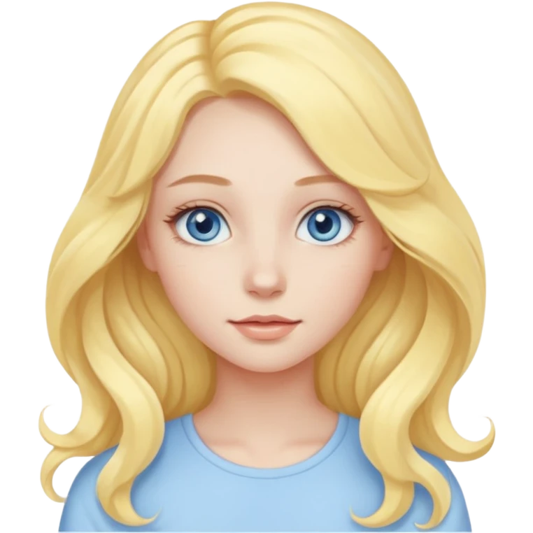 a girl with blue eyes, long pastel yellow wavy hair, subtle clean makeup emoji