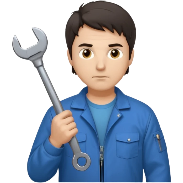 Calm and independent male technician, Caucasian features, short tousled dark hair, serious but composed expression, wearing a blue work jacket over a grey t-shirt, holding a wrench in one hand and a mechanical gear in the other, waist-up, front-facing emoji
