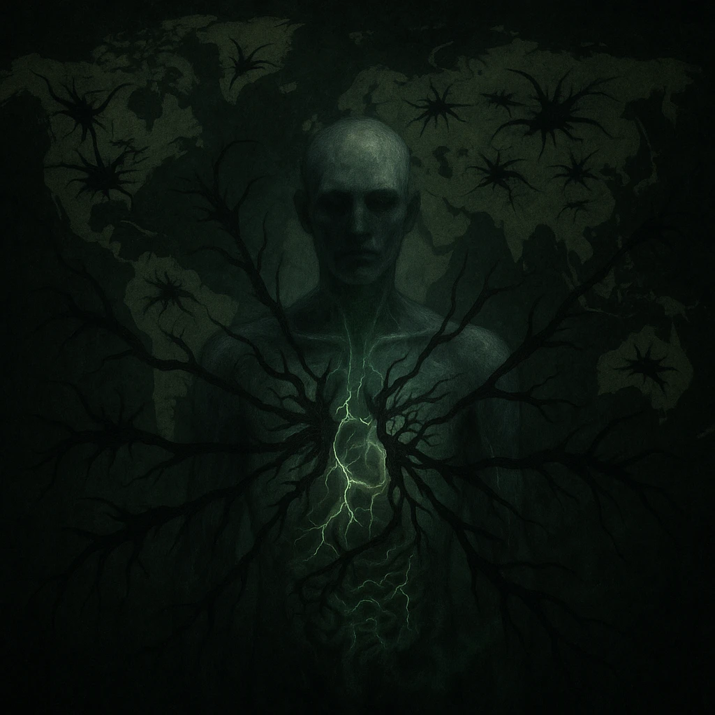 semi-realistic, moody lighting; central human figure semi-transparent, black parasite forms radiate into organs and out to a world map, glowing cracks and green mist, symbolic global impact emoji