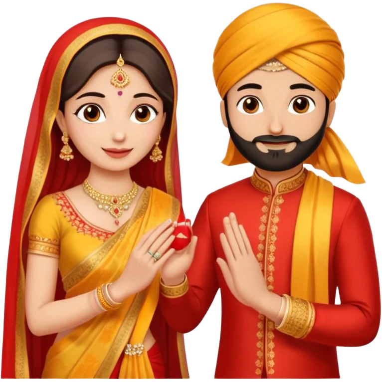 Two hands in a engagement..One hand of groom and one hand of bride. Bride hand - red/yellow saree. groom- light orange punjabi (oonly hands will be visible in the image). Groom's hand is holding a ring emoji