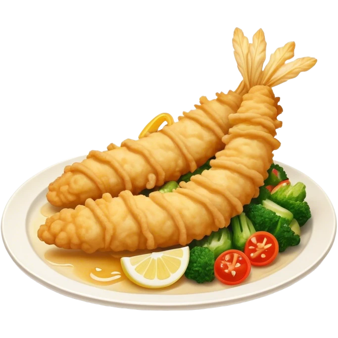 Cinematic Realistic Tempura Dish Emoji, depicted as lightly battered and fried seafood and vegetables rendered with delicate textures and crisp, inviting lighting. emoji