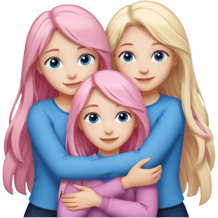Girlfriend emoji - four white grips hugging and smiling    One girl with long light pink hair and blue eyes, one girl with blue eyes and light blonde hair, and 2 girls with brown eyes and long dark brown hair. emoji