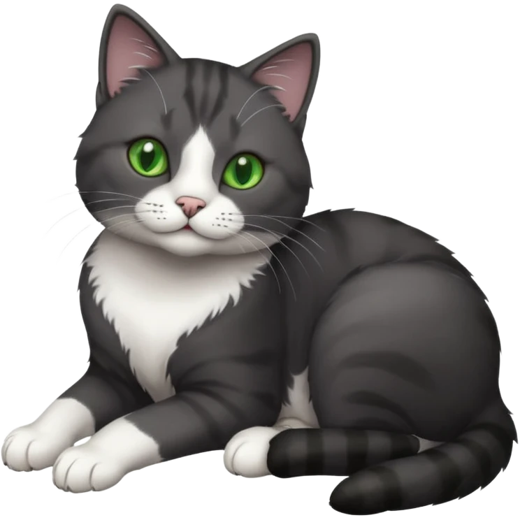 beautiful female solid dark grey cat with green eyes, white toes/paws and white patch on her chest rolling over emoji