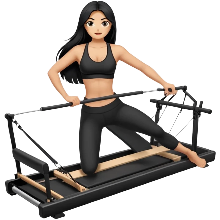 woman with bra, tanned long black hair, doing Pilates reformer emoji