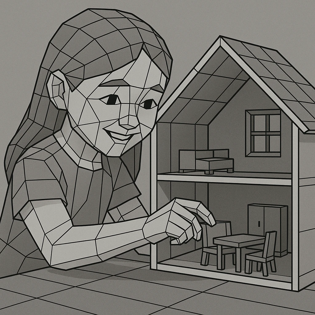 smiling girl arranging furniture in doll house emoji