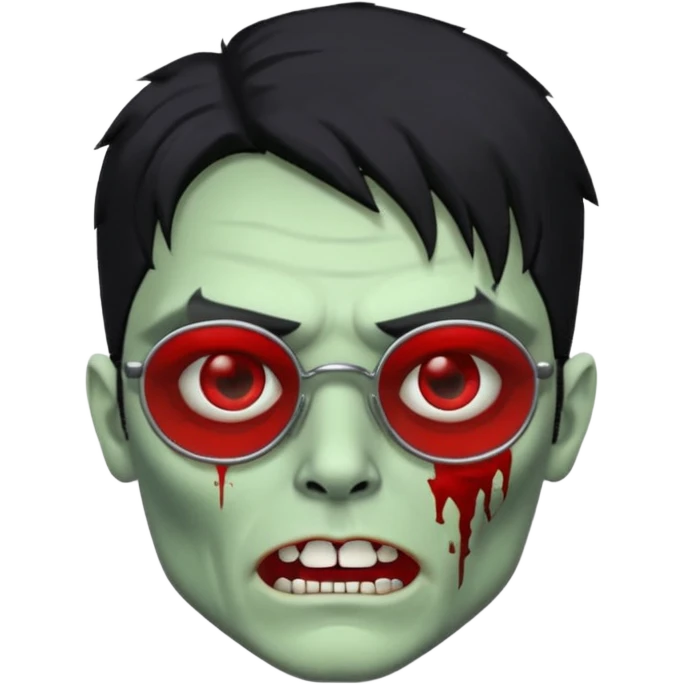 homem zumbi de óculos cabelo preto com muita olheira deixar pele dele verde dentes brancos e olhos vermelhos e ensanguentados deixar óculos quadrado e preto e olhos cheio de veias vermelhas piercing em todo rosto piercing prata colocar risco nas duas sobrancelhas e colocar lábios em sua boca emoji