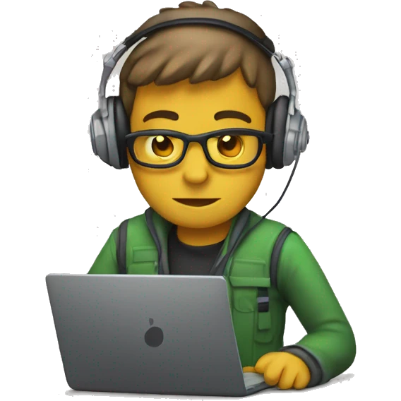 Coder with a laptop in front and headphones on his head emoji