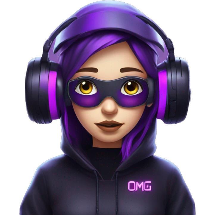 Russian girl wearing black hoody with violet letters "OMG", in vr headset. Cyberpunk style. Violet neon. emoji