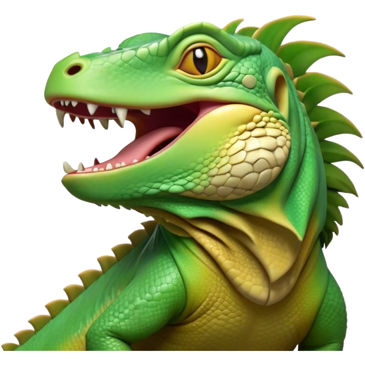 Cinematic Realistic Cute Yawning Iguana Portrait Emoji, Head tilted slightly with a dramatic, wide-open yawn, showcasing a soft, textured green-scaled face with gently drooping features and half-closed, drowsy amber eyes, rendered with natural detail and subtle shadows, high shine, relaxed yet expressive, styled with a dash of tropical charm, soft glowing outline, capturing the essence of a sleepy yet affectionate iguana that appears ready to stretch out and enjoy a peaceful nap! emoji