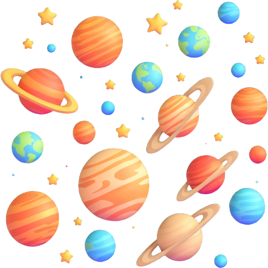 Colorful planets and stars floating in space, white background, bright colors, lively atmosphere emoji