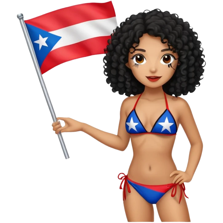 Tan skin girl with black curly hair holding a Puerto Rican flag while wearing a bikini emoji