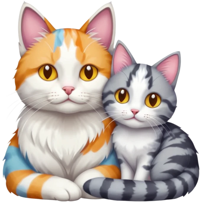 grey and white cat cuddling a colourful light patched calico + white tabby cat emoji