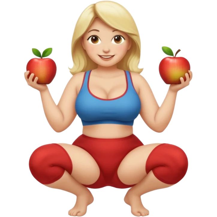 fullbody curvy blonde woman, front view, squatting and sitting, smiling, SFW, no explicit content, apple emoji style emoji