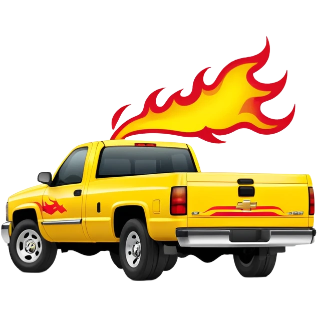 1997 Chevrolet Silverado C-2500 in bright yellow with screen-accurate red flame decal printed on the hood, faithful to Kill Bill movie design, 30-degree angle, iOS emoji style emoji