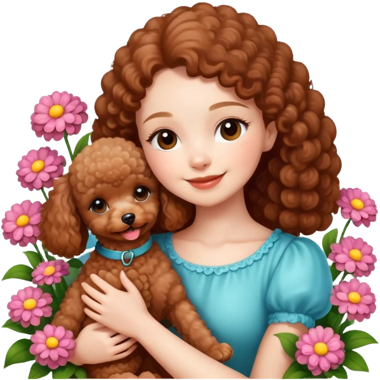 A beautiful girl happily hugs a brown toy  poodle in the flowers emoji