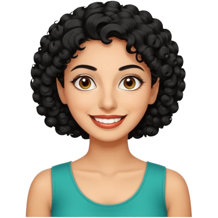 30 year old iranian woman very short curly black hair, big brown eyes, tanned skin, big smile, white teeth, pretty, stylish emoji
