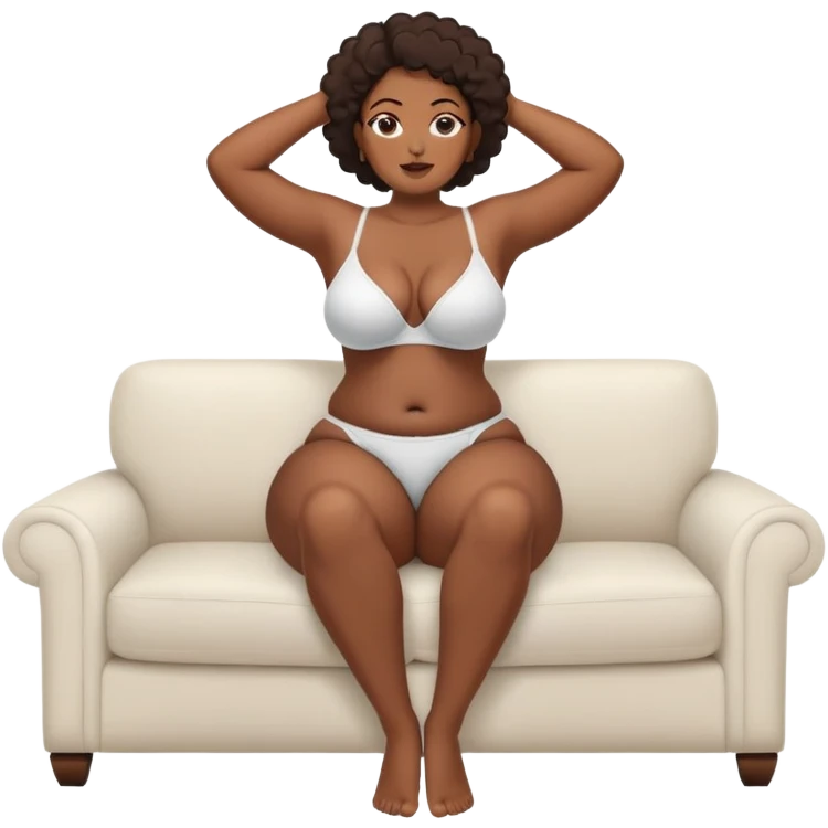fullbody realistic busty black African  topless buxom in undies sitting on couch in comfy missionary pose holding her legs up with hands sfw emoji