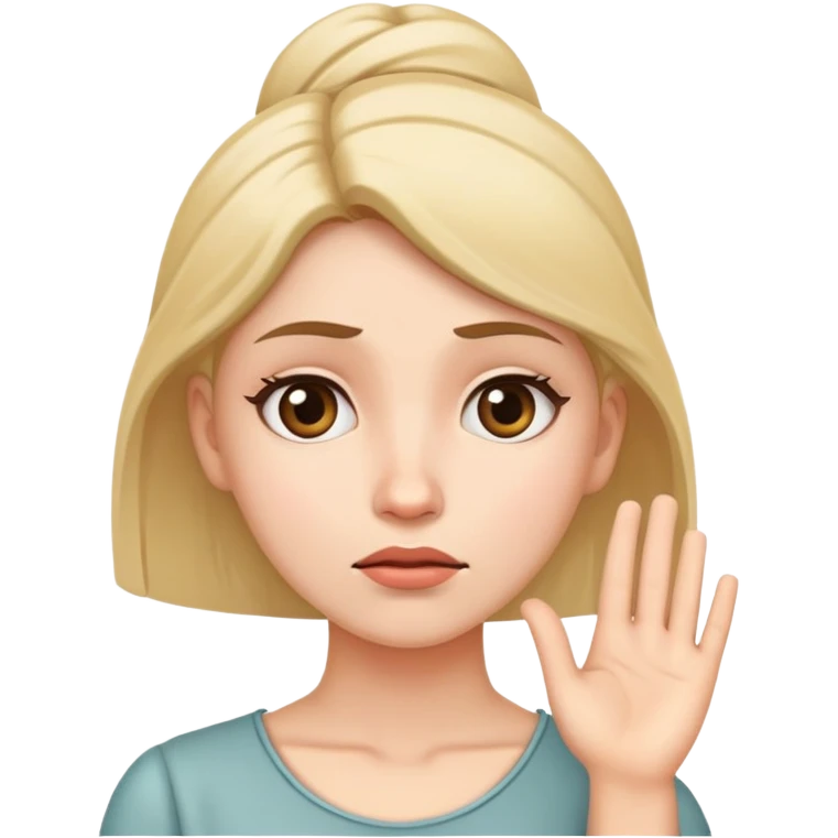 Woman with one hand near temple, tilted head and confused expression emoji