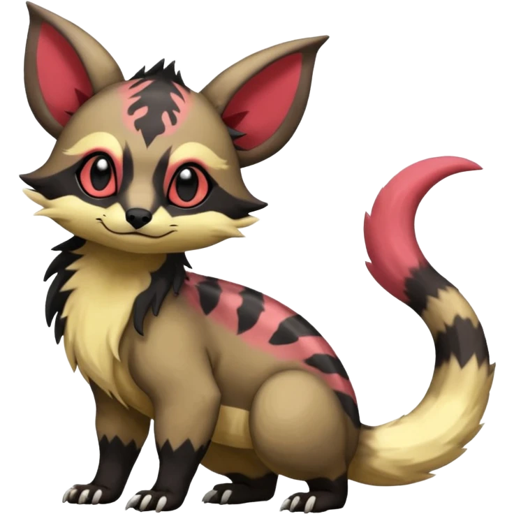 Rare warm-colored exotic cute epic aesthetic colorful Salandit-Eevee-Civet-species-Fakemon-hybrid-creature, with wild markings, full body emoji