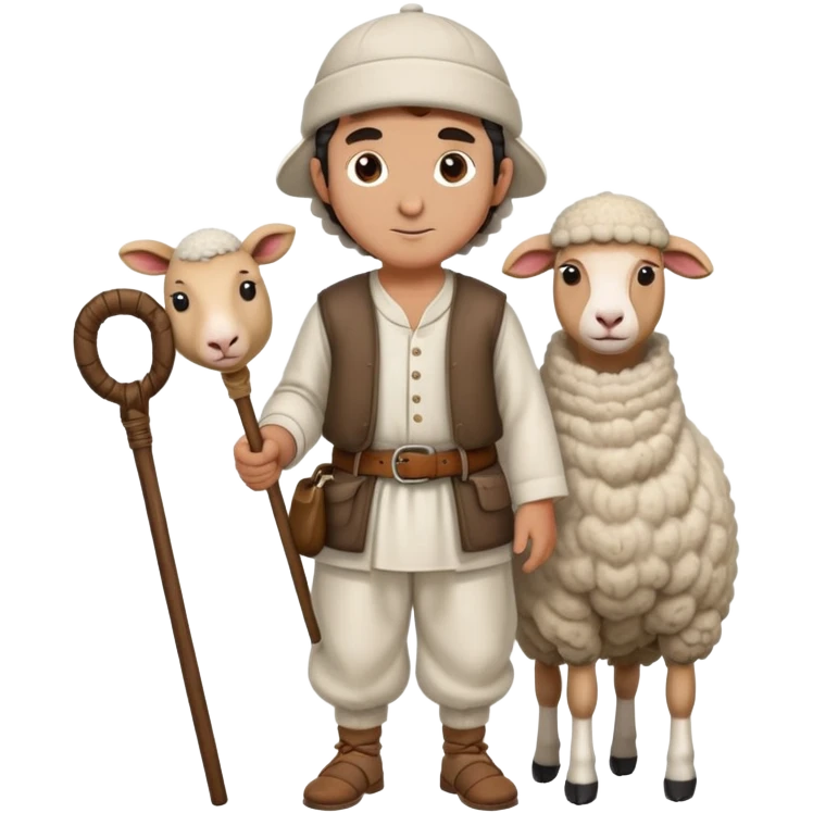 A Turkish shepherd wearing a white felt kepenek, loose shalwar pants, a cloth belt, and a wool cap, holding a wooden staff beside a sheep emoji