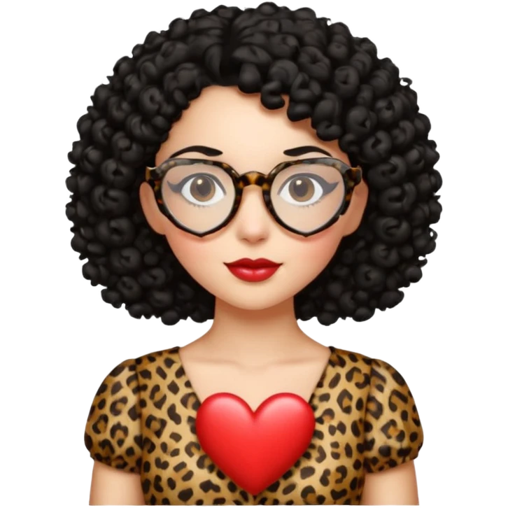 A women with a black curly hair and heart glasses, leopard print dress emoji