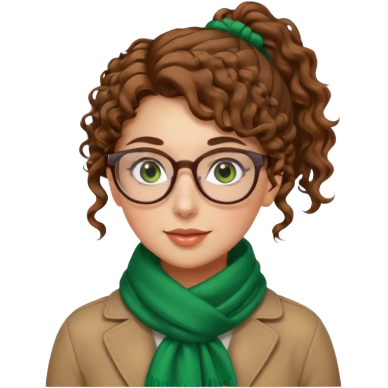 iranian woman, tight curly light brown hair in one high pony tail, glasses, green eyes, pretty, oval shape face, no hajib, scarf on neck emoji