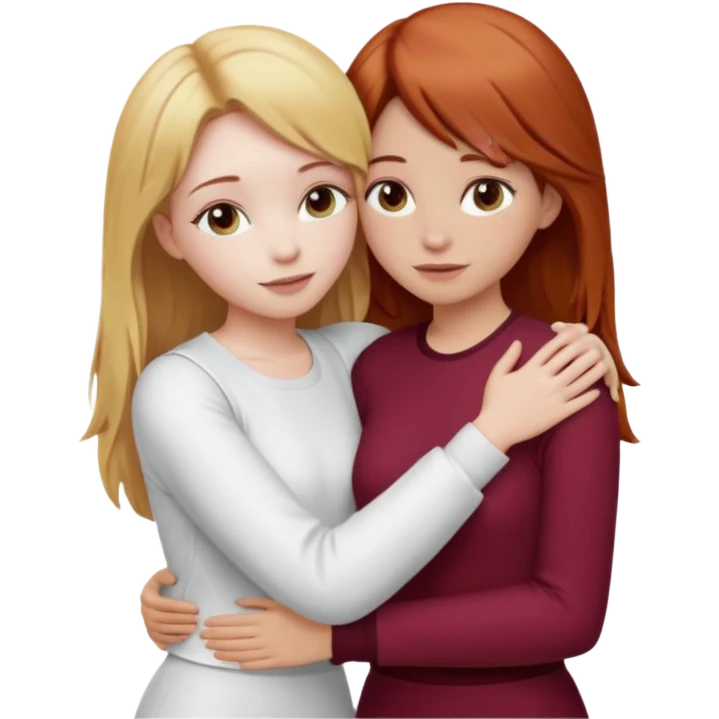 two girls who hug eachother. one has auburn hair with blonde highlights and very pale skin, other has medium-fair skin and blonde hair. first one is wearing white outfit and the second one is wearing a burgundy outfit emoji