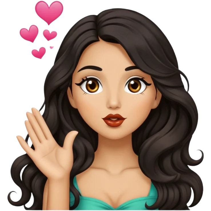 woman with olive skin, brown eyes and long lashes, and long black wavy hair blowing kiss emoji