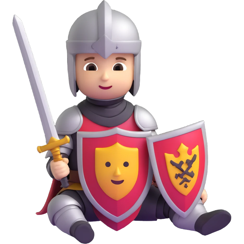 3D emoji style baby knight with a tiny sword and shield sitting down emoji