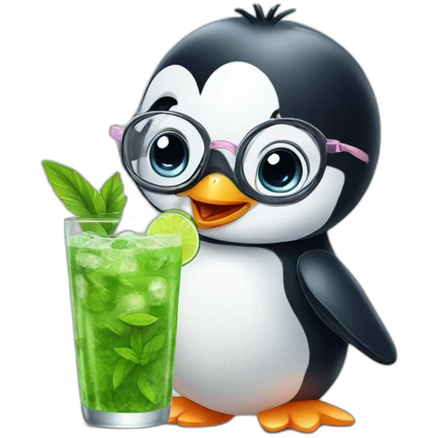 baby penguin with big glasses drinking mojito emoji