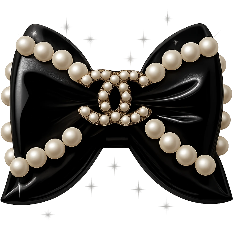 Add a solid white background behind the elegant bow with pearls and gold Chanel logo, sparkling effects, glossy, monochrome, realistic style. emoji