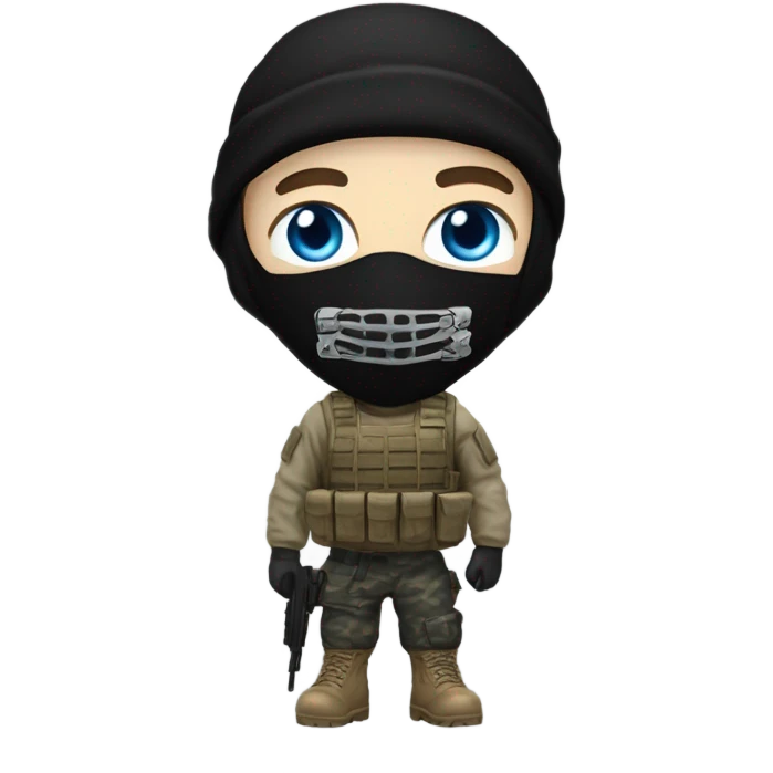White male, call of duty black mask, camo tactical gear, tan combat boots, black beanie, blue eyes emoji