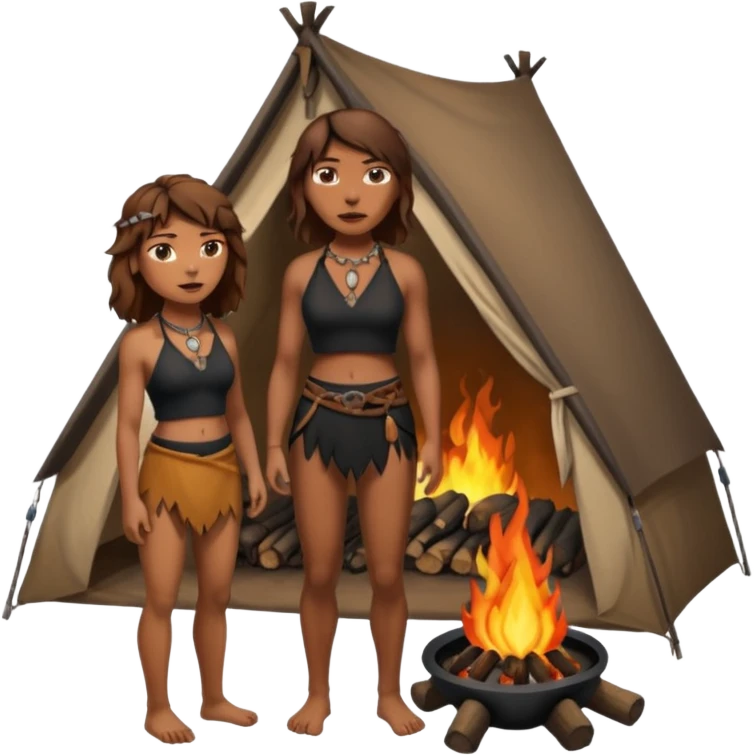 a NEANDERTHAL WOMAN WITH BROWN HAIR STANDING BY A FIRE AND TENT WITH BLACK WOLF HALTER TOP emoji